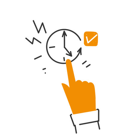 hand drawn doodle person hand showing clock icon for success delivery conceptのイラスト素材