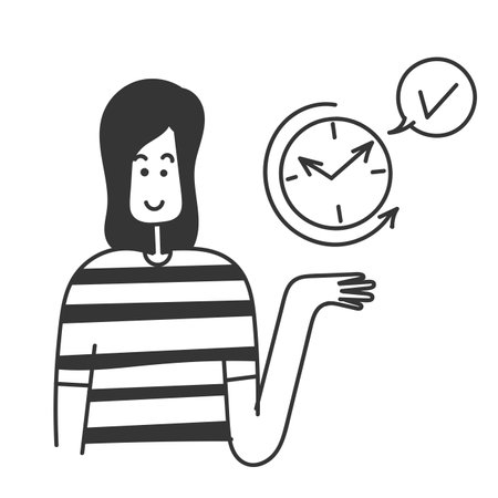 hand drawn doodle person hand showing clock icon for success delivery conceptのイラスト素材