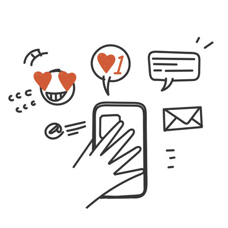 hand drawn doodle hands holding phone with message icon illustration vectorのイラスト素材
