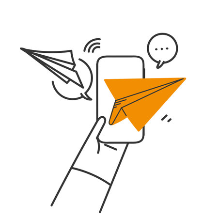 hand drawn doodle mobile phone send flying paper plane illustrationのイラスト素材