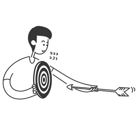 hand drawn doodle person put arrow on dartboard illustration vectorのイラスト素材