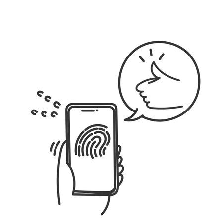 hand drawn doodle phone with thumb fingerprint technology illustrationのイラスト素材