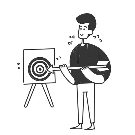 hand drawn doodle person put arrow on dartboard illustration vectorのイラスト素材