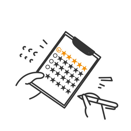 hand drawn doodle writing feedback on clipboard with rating stars illustrationのイラスト素材