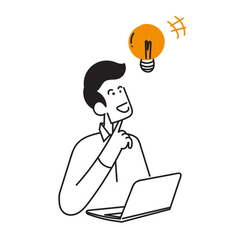 hand drawn doodle person working on the laptop and having idea illustrationのイラスト素材