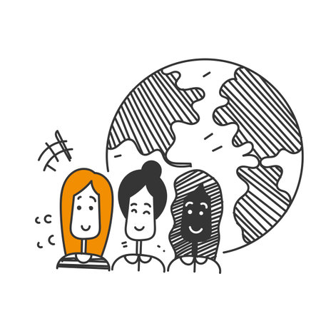 hand drawn doodle diversity person and globe iconのイラスト素材