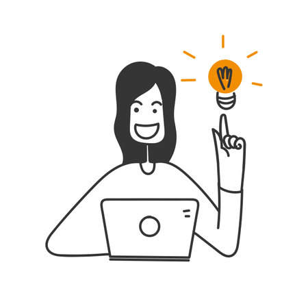 hand drawn doodle person working on the laptop and having idea illustrationのイラスト素材