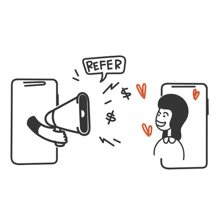 hand drawn doodle refer a friend and earn on mobile illustrationのイラスト素材