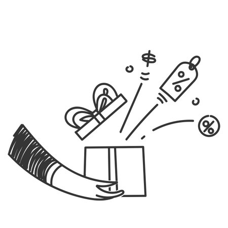 hand drawn doodle gift box with discount sales coming out of it illustration vectorのイラスト素材
