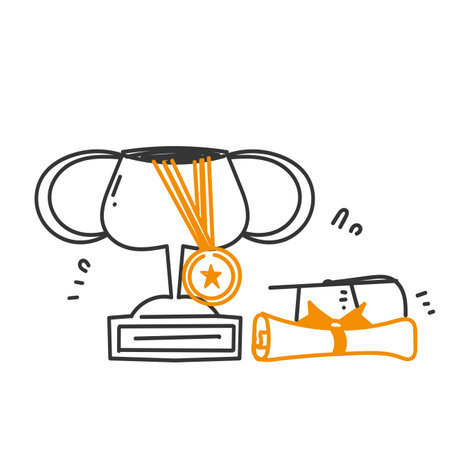 hand drawn trophy and graduation hat doodleのイラスト素材