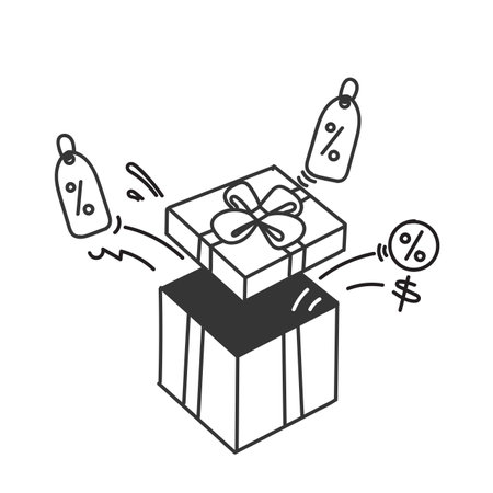 hand drawn doodle gift box with discount sales coming out of it illustration vectorのイラスト素材