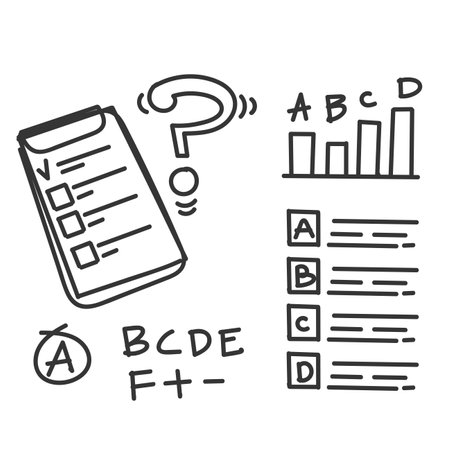 hand drawn doodle test quiz score icon relatedのイラスト素材
