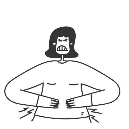 hand drawn doodle woman with stomach ache and abdominal pain illustrationのイラスト素材