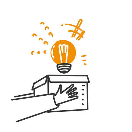 hand drawn doodle the light bulb comes out of the boxのイラスト素材