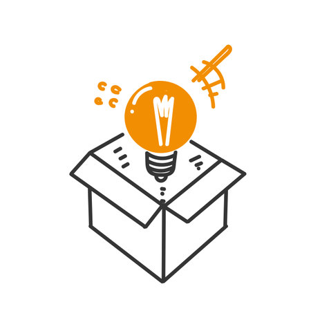 hand drawn doodle the light bulb comes out of the boxのイラスト素材