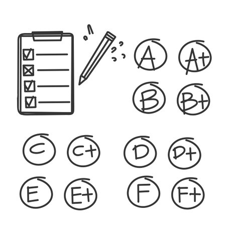 hand drawn doodle test quiz score icon relatedのイラスト素材