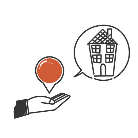 hand drawn doodle house and map pin location gps symbol for house location iconのイラスト素材