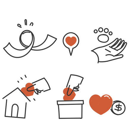 hand drawn doodle care charity and donation related icon illustrationのイラスト素材