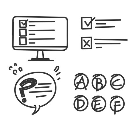 hand drawn doodle test quiz score icon relatedのイラスト素材