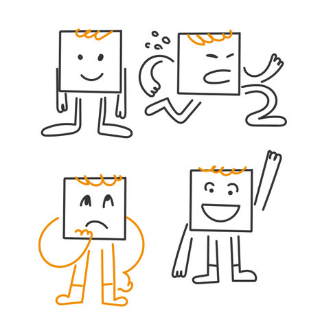 hand drawn doodle square shape character gesture collectionのイラスト素材