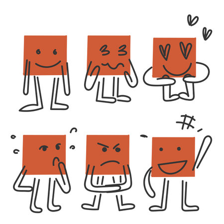 hand drawn doodle square shape character gesture collectionのイラスト素材