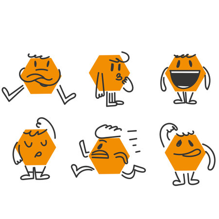 hand drawn doodle cute hexagon shape character gestureのイラスト素材