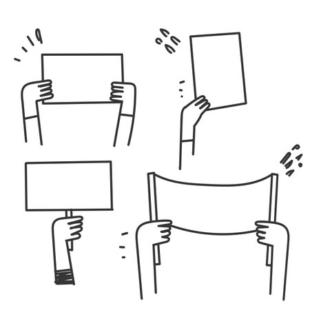 hand drawn doodle hand holding protest banner illustrationのイラスト素材