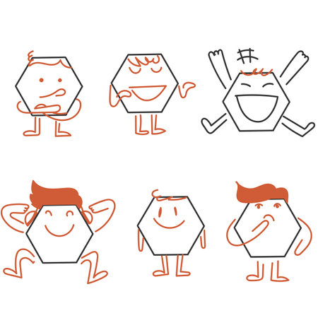 hand drawn doodle cute hexagon shape character gestureのイラスト素材