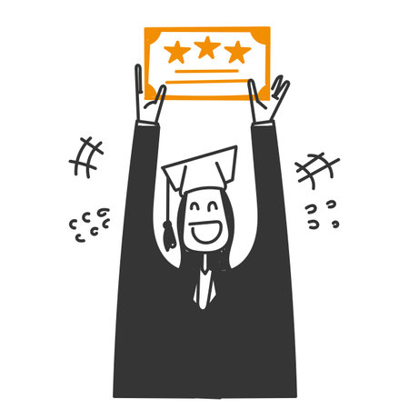 hand drawn doodle happy woman in graduation gown carrying graduation certificateのイラスト素材