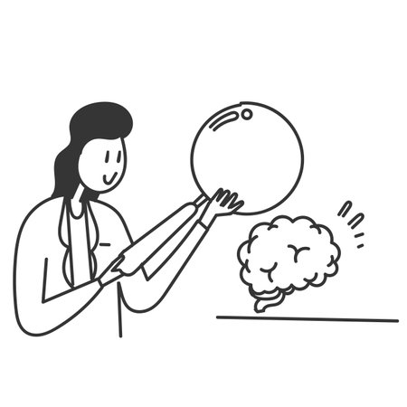 hand drawn doodle female doctor is examining human brain using a magnifying glassのイラスト素材