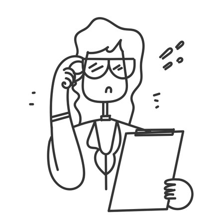 hand drawn doodle woman in thick glasses carrying a clipboardのイラスト素材