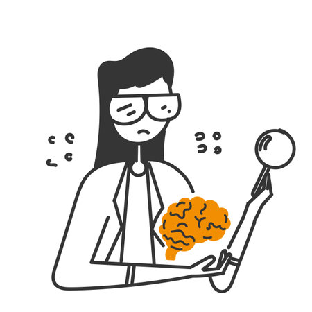 hand drawn doodle female doctor is examining human brain using a magnifying glassのイラスト素材