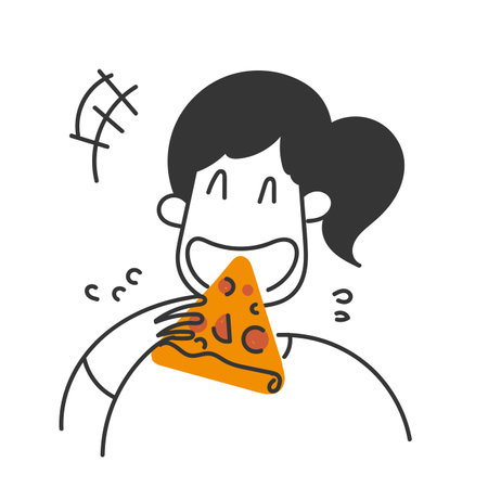 hand drawn doodle person eat pizza illustrationのイラスト素材