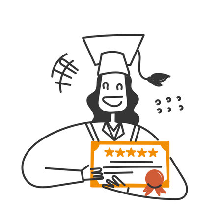 hand drawn doodle happy woman in graduation gown carrying graduation certificateのイラスト素材