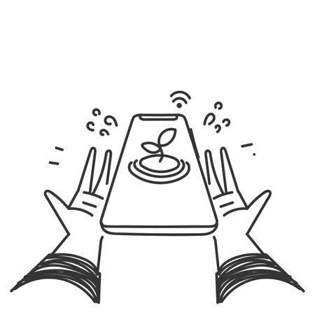 hand drawn doodle Plants growing from smart phone screen illustrationのイラスト素材