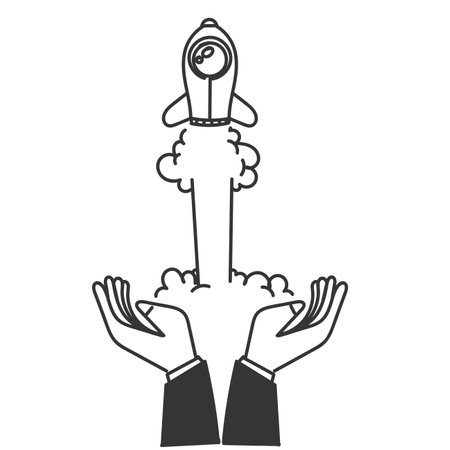 hand drawn doodle rocket launch from palm handのイラスト素材