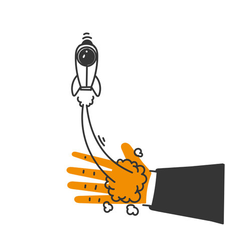 hand drawn doodle rocket launch from palm handのイラスト素材