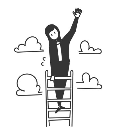 hand drawn doodle A business woman climbs the ladder to the cloudsのイラスト素材