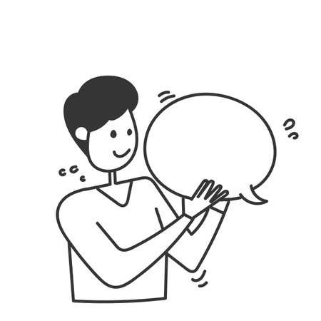 hand drawn doodle person holding blank bubble talkのイラスト素材
