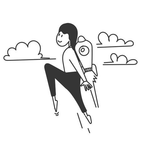 hand drawn doodle a business person flies into the sky with a rocket on the backのイラスト素材