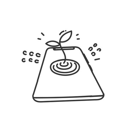 hand drawn doodle Plants growing from smart phone screen illustrationのイラスト素材