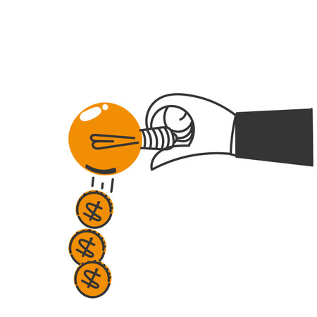 hand drawn doodle coins coming out of the light bulbのイラスト素材