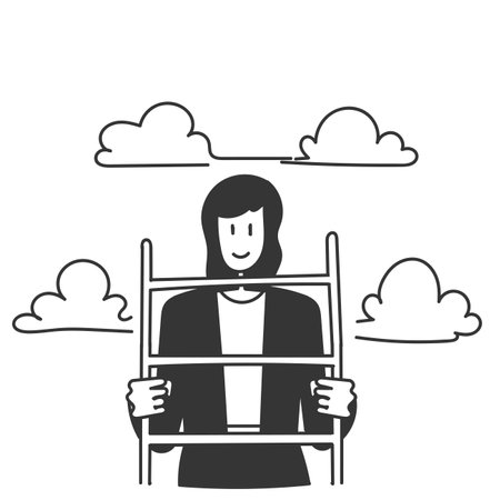 hand drawn doodle A business woman climbs the ladder to the cloudsのイラスト素材