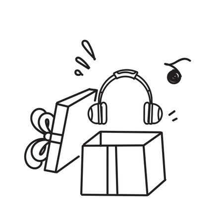 hand drawn doodle headphone come out of the gift boxのイラスト素材