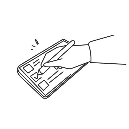 hand drawn doodle online check mark option selection on electronic deviceのイラスト素材