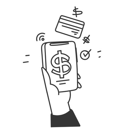 hand drawn doodle mobile phone and credit card with money access symbolのイラスト素材