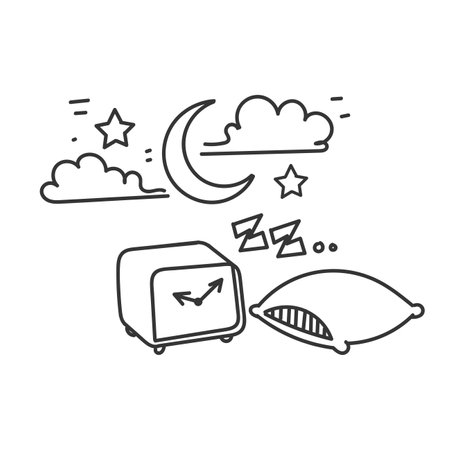 hand drawn doodle crescent and alarm clock star symbol from bedtimeのイラスト素材