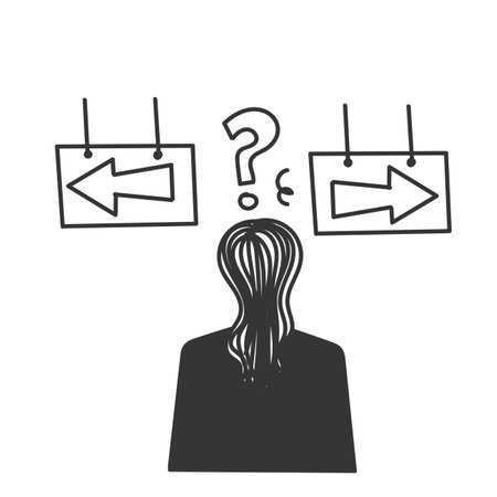 hand drawn doodle business woman thinking of choosing directionのイラスト素材