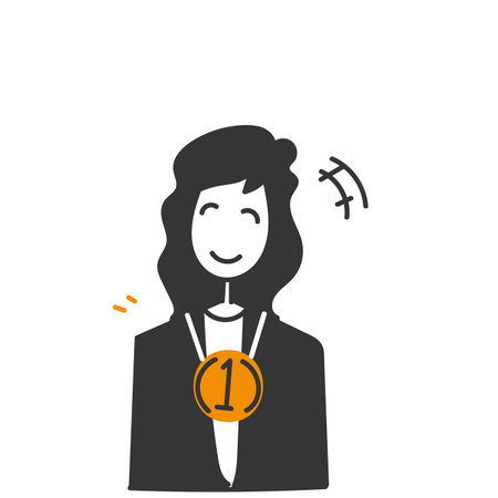 business woman wearing and holding gold medal illustration, in doodle hand drawn styleのイラスト素材