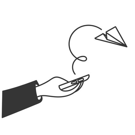 hand drawn doodle paper airplane take of and flying from mobile phone illustrationのイラスト素材